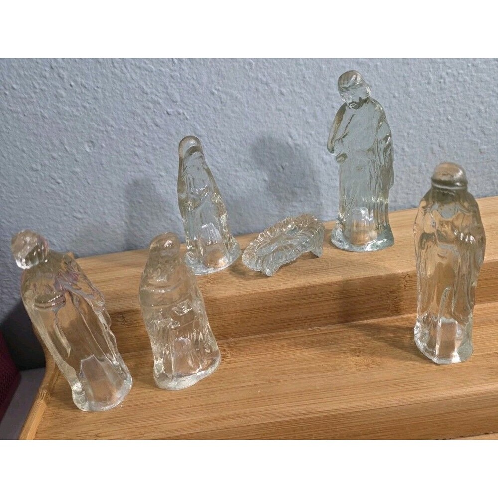 Vintage Clear Glass Nativity Set 6 Piece Heavy Pressed Glass 4" Christmas Decor